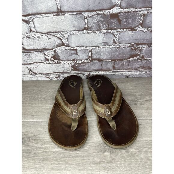 OLUKAI Ikoi Brown Leather Flip Flops Beach Sandals Men Sz 12M US/45EU 10360-1313 - Picture 5 of 16